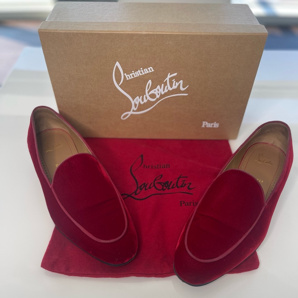 Christian Louboutin Red Velour Nilou Flat Spike Loafers